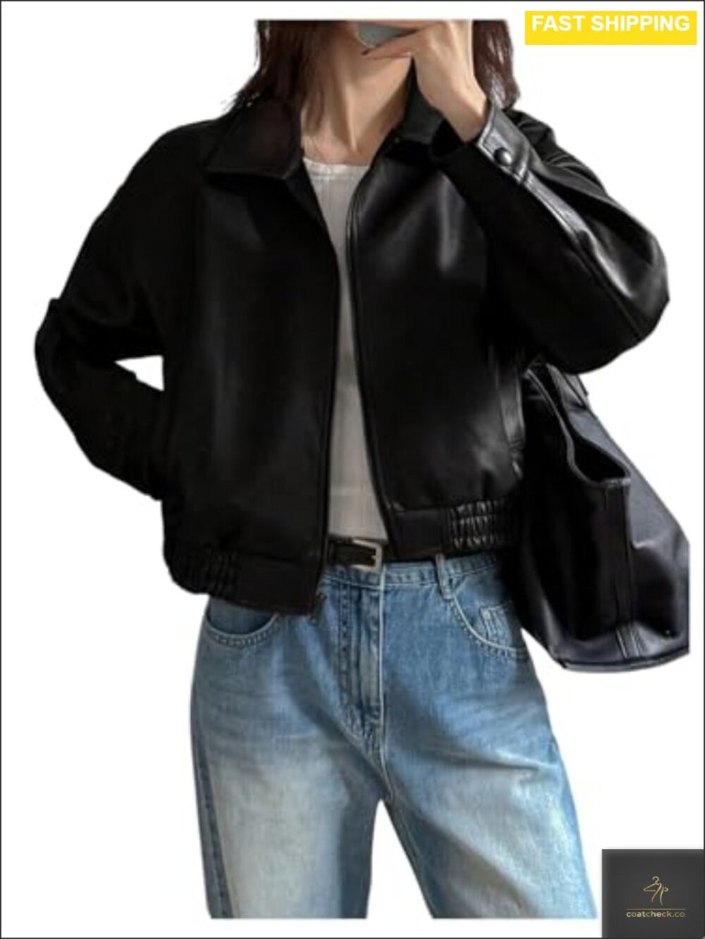 Faux Leather Zip Up Oversized Bomber Cropped Jacket